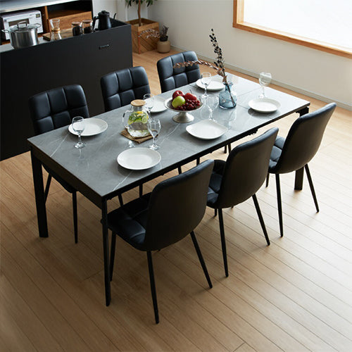 セラミック 伸縮 ダイニングセット 6人掛け 7点セット ダイニングテーブルセット 伸長式 幅130~幅170 合皮 アイアン 鏡面 ダイニングチェア 耐水 耐熱 大理石調(代引不可)