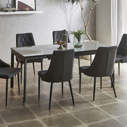 セラミック 伸縮 ダイニングセット 6人掛け 7点セット ダイニングテーブルセット 伸長式 幅130~幅170 ファブリック 鏡面 ダイニングチェア 耐水 耐熱 大理石調(代引不可)