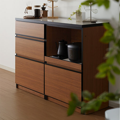 キッチンカウンター 120 完成品 FRON120 引き出し収納 オープンスライド収納 レンジ台 間仕切り 背面化粧 開梱設置無料 奥行45 高さ93 フルオープンレール ポリエステル化粧板(代引不可)