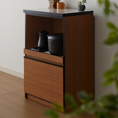 キッチンカウンター 60 完成品 FLON60 オープンスライド収納 レンジ台 間仕切り 背面化粧 奥行45 高さ93 アルミ取っ手 北欧 フルオープンレール アイランドキッチン ポリエステル化粧板(代引不可)