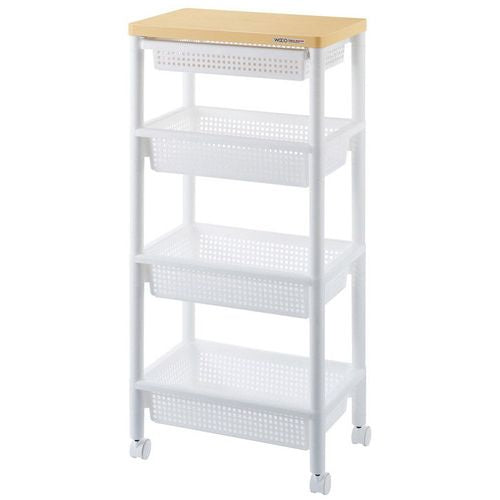 不動技研 ウッドテーブルワゴン WTW-4HS 引き出しバスケット付 ホワイト F2492