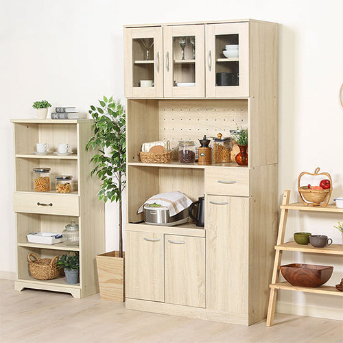 キッチンボード 幅88.5cm 食器棚 ホワイトオーク 木目調 ガラス扉 大容量収納 引き出し レンジ台 スライド棚 北欧 おしゃれ シンプル キッチン収納 キッチンキャビネット 炊飯器 トースター(代引不可)