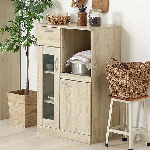 キッチンボード 幅60cm ホワイトオーク 木目調 北欧 ガラス棚 スライド棚 レンジ台 キッチン収納 シンプル おしゃれ 引き出し 省スペース 作業台 キッチンカウンター キャビネット(代引不可)