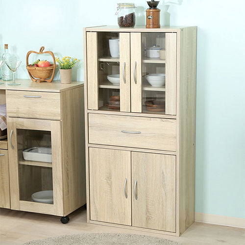 キッチンキャビネット 幅60cm ミドルサイズ ホワイトオーク 木目調 北欧 ガラス扉 食器棚 キッチン収納 大容量 引き出し 引き戸 おしゃれ シンプル キッチンボード 一人暮らし(代引不可)