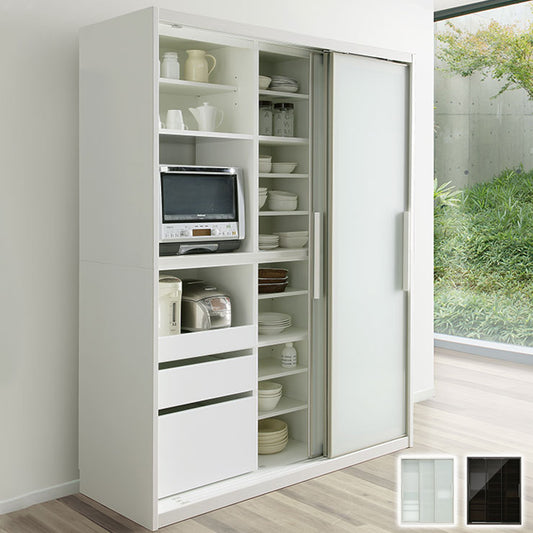 食器棚 完成品 引き戸 幅160cm 高さ200cm 開梱設置無料 ガラス スライド扉 コンセント付き キッチン キッチン収納 収納 キッチンボード レンジ台 飛散防止フィルム ホワイト ブラック (代引不可)