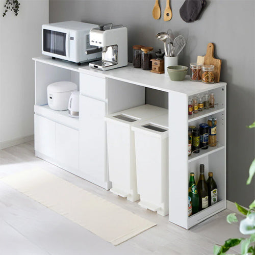 伸縮キッチンカウンター 2点セット 幅104~178 大理石調 フラット 2口コンセント スライド棚 引出し 扉収納 キッチン収納 キャビネット 食器棚 レンジ台 レンジボード ごみ箱上ラック(代引不可)
