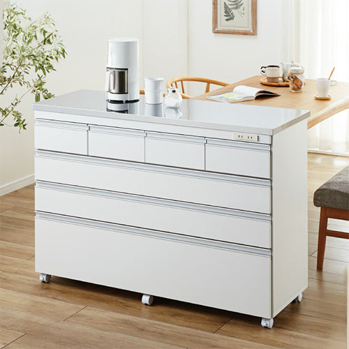 キッチンカウンター 間仕切り ステンレス天板 幅120 完成品 国産 背面化粧仕上げ 鏡面仕上げ 【開梱設置無料】キャスター付き 4段 レンジ台 レンジラック 食器棚 キッチンワゴン(代引不可)