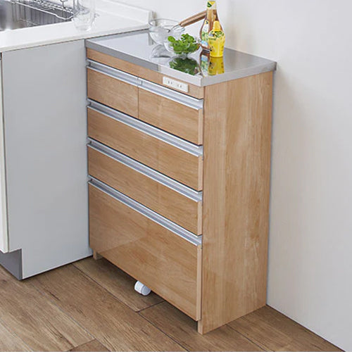 【完成品 日本製】キッチンカウンター ステンレス鏡面薄型 幅60 高さ85 奥行30 4段 背面化粧仕上げ 鏡面仕上げ 間仕切り オープンスライド 完成品 国産 テーブル 食器棚 キッチンボード 引き出し(代引不可)