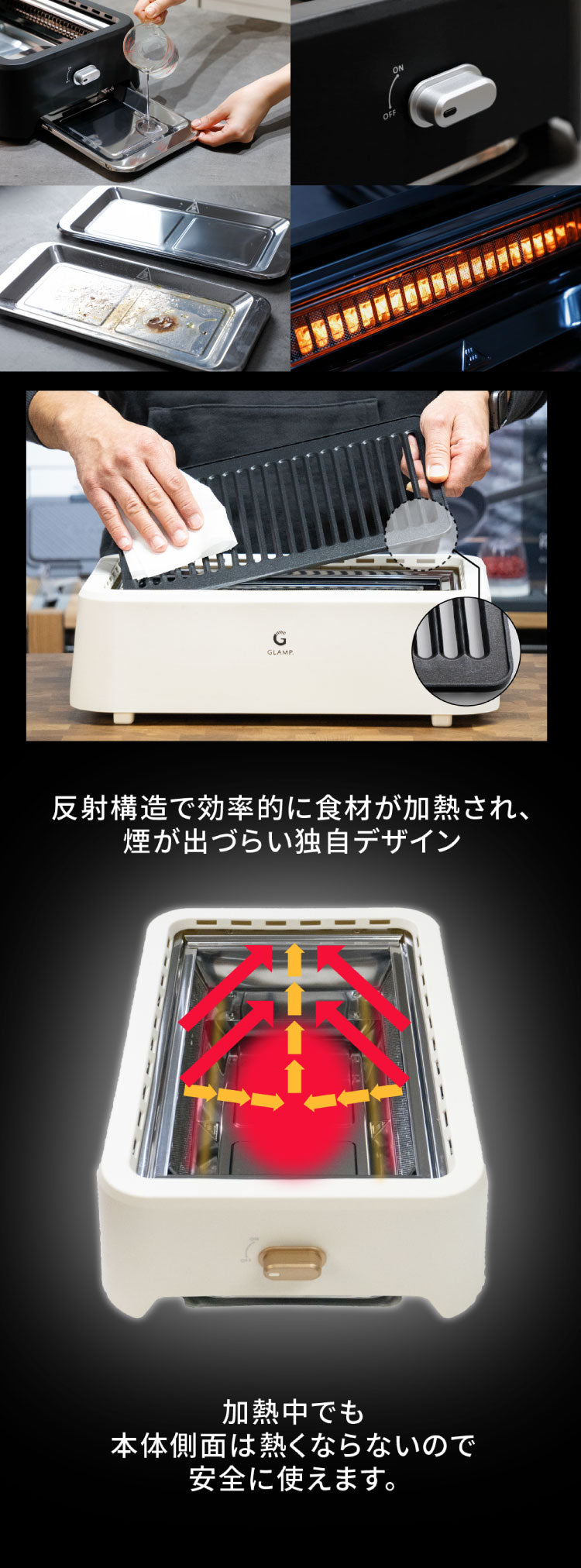 GLAMP 超少煙グリル 減煙 煙が出ない 焼肉 ホットプレート バーベキュー コンロ グランプ 遠赤外線 スモークレス 煙が少ない 電気 焼き鳥 おしゃれ コンパクト SG01