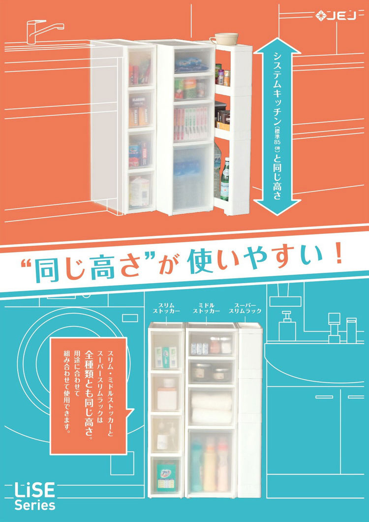 リセ スリムストッカー 幅18cm 引出し4段 S2M1L1 日本製 JEJ ジェイイージェイ すき間収納 隙間 収納ボックス 小棚 6段 キャスターつき 収納ケース プラスチック収納 キッチン 洗面所 脱衣所(代引不可)