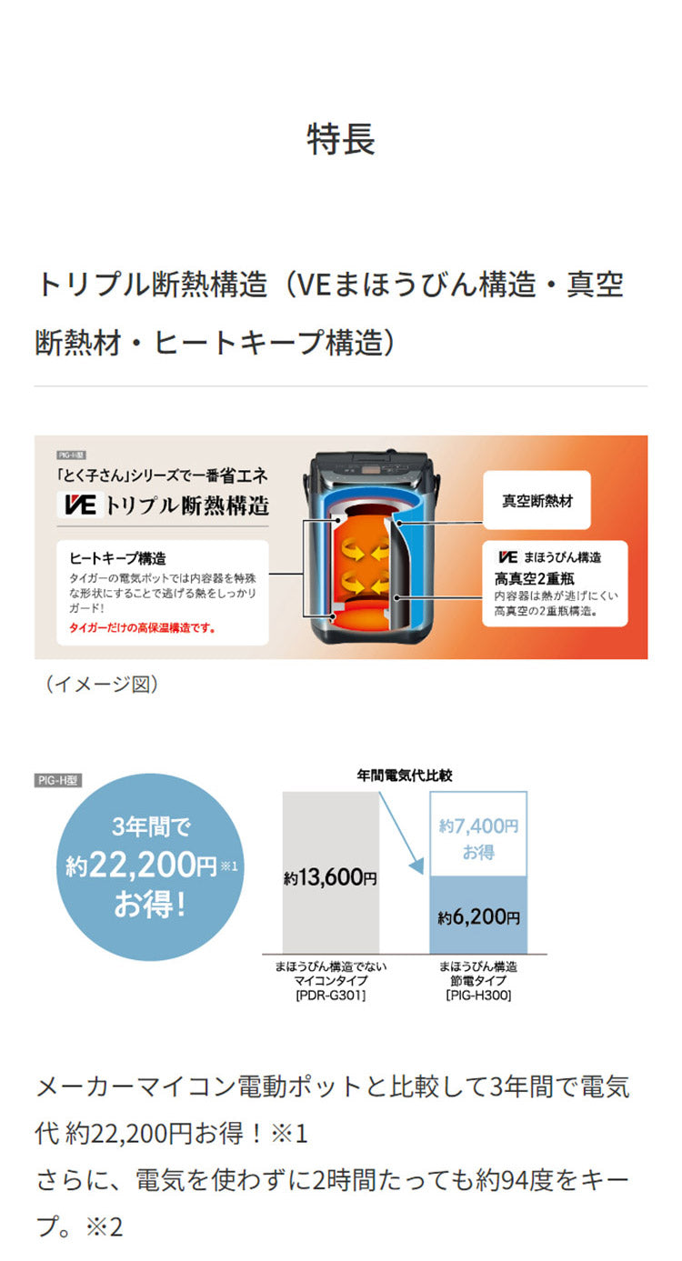 蒸気レスVE電気まほうびん 3L ブラック タイガー魔法瓶 タイガー TIGER PIG-H300K とく子さん 省エネ まほうびん保温