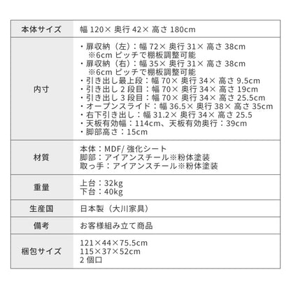食器棚 幅120 キッチンボード ダイニングボード 日本製 カップボード キッチンキャビネット 大型レンジ対応 お掃除ロボット対応 キッチンラック 木製 おしゃれ 北欧(代引不可)