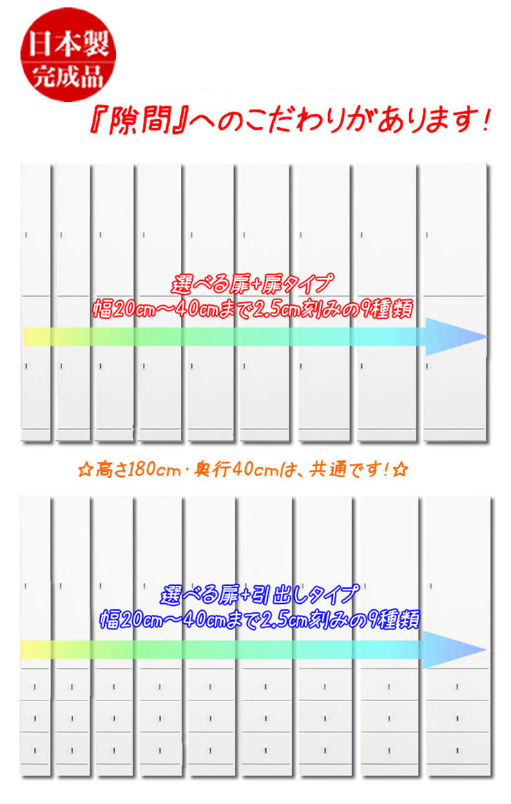 2.5cm単位で幅を選べる 隙間収納 すき間収納 扉/扉タイプ 幅25 奥行40 高さ180 大川家具 国産 完成品 キッチン収納(代引不可)
