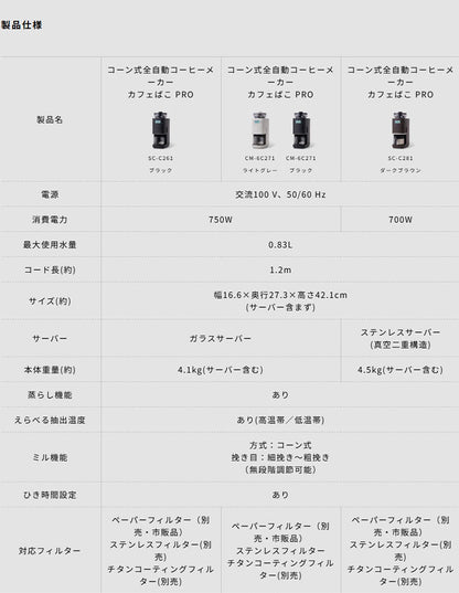 シロカ siroca コーン式全自動コーヒーメーカー カフェばこPRO SC-C281 こだわり挽き