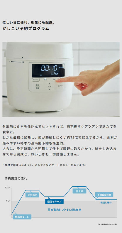 siroca シロカ 自動調理鍋 おうちシェフクッカー 2.4L 調理容量1.6L 自動圧力鍋 電動圧力鍋 時短調理 予約 保温 炊飯 蒸し料理 スチーム 音声ガイド レシピ付 自動減圧 セラミック SP-MC2D151(W)