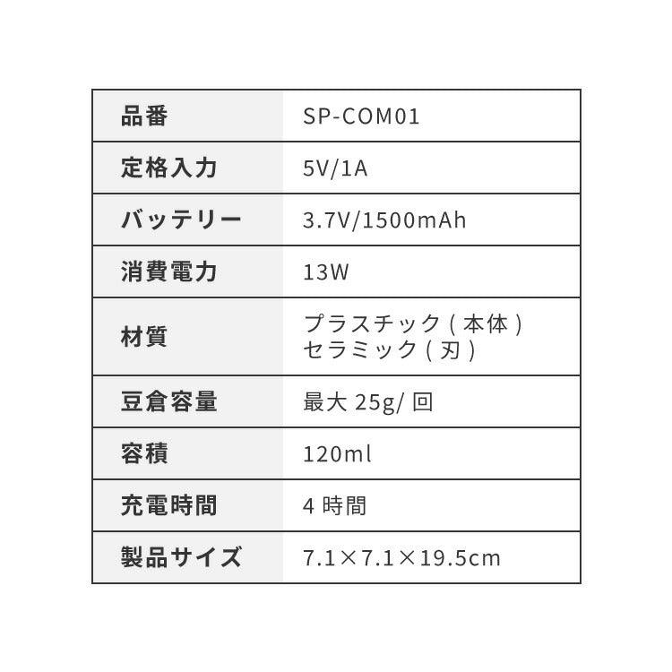 simplus 電動コーヒーミル コニカル式 コードレス セラミック刃 粒度調整 珈琲 持ち運び コーヒーグラインダー プロ仕様 豆挽き シンプラス SP-COM01