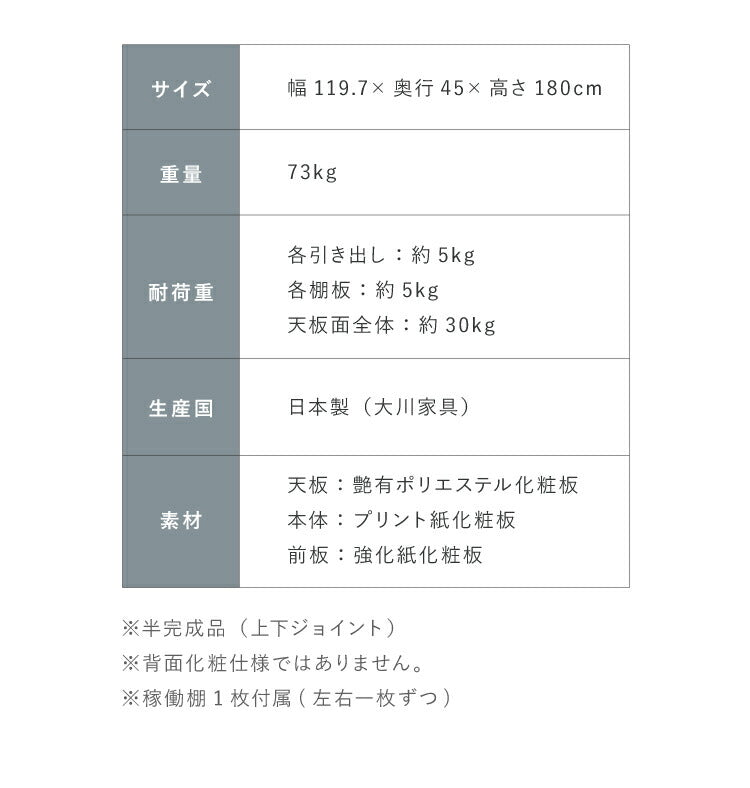食器棚 キッチン収納 幅120cm 高さ180cm 奥行45cm 開梱設置付き ハイタイプ 大容量 国産 完成品 大川家具 日本製 キッチンボード 収納 白 ホワイト ブラウン 木目 ダイニング フルオープンレール 北欧(代引不可)