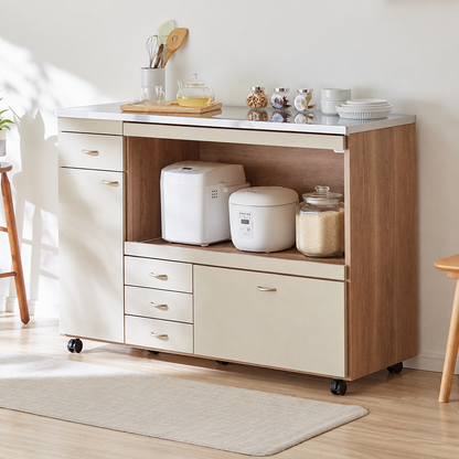 キッチンカウンター 日本製 ステンレス 天板 完成品 幅120 間仕切り キャスター付き スライド棚 コンセント付き 食器棚 キッチン収納 国産 キッチンボード おしゃれ 大川家具(代引不可)