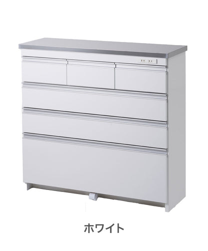 【完成品 日本製】キッチンカウンター ステンレス天板 幅90 高さ85 4段 背面化粧仕上げ 鏡面仕上げ 間仕切り オープンスライド 完成品 国産 テーブル 食器棚 キッチンボード 引き出し(代引不可)
