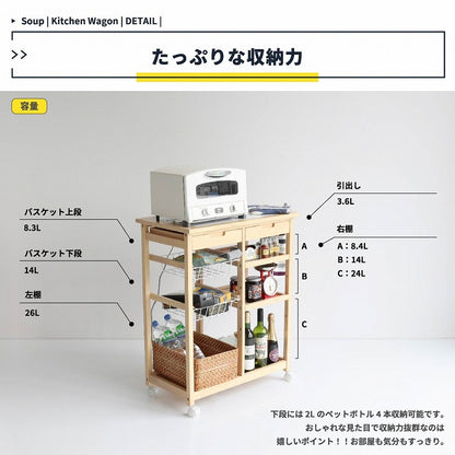 キッチンワゴン 幅67 奥行39 高さ85 天然木 ホワイトタイル 作業台 サブテーブル 引き出し付き 高さ調整 カゴ収納 ペットボトル収納 タオルバー付き キャスター付き(代引不可)