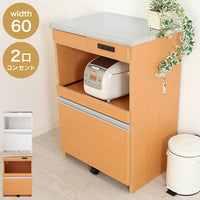 ステンレス天板キッチンカウンター 幅60cm×奥行42cm×高さ85cm 日本製 コンセント2口(計1500W)付き 最下段の引き出しに支えキャスター付き キッチン収納 レンジ台(代引不可)