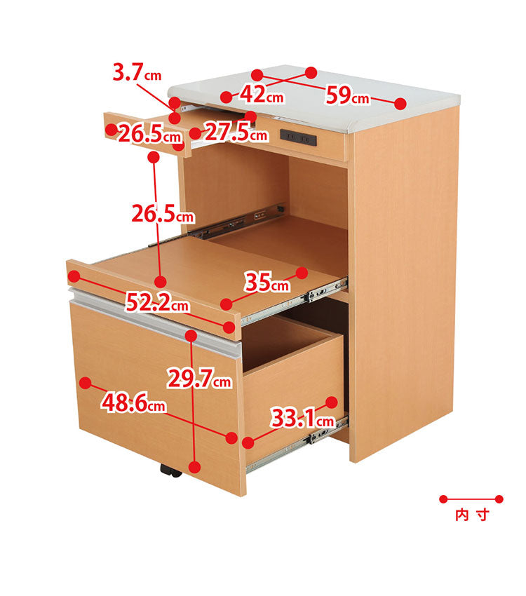 ステンレス天板キッチンカウンター 幅60cm×奥行42cm×高さ85cm 日本製 コンセント2口(計1500W)付き 最下段の引き出しに支えキャスター付き キッチン収納 レンジ台(代引不可)