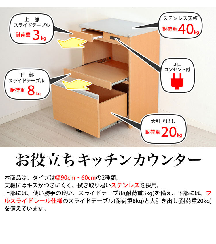 ステンレス天板キッチンカウンター 幅60cm×奥行42cm×高さ85cm 日本製 コンセント2口(計1500W)付き 最下段の引き出しに支えキャスター付き キッチン収納 レンジ台(代引不可)
