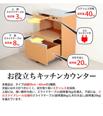 ステンレス天板キッチンカウンター 幅60cm×奥行42cm×高さ85cm 日本製 コンセント2口(計1500W)付き 最下段の引き出しに支えキャスター付き キッチン収納 レンジ台(代引不可)