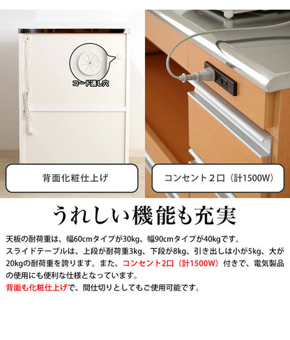 ステンレス天板キッチンカウンター 幅60cm×奥行42cm×高さ85cm 日本製 コンセント2口(計1500W)付き 最下段の引き出しに支えキャスター付き キッチン収納 レンジ台(代引不可)