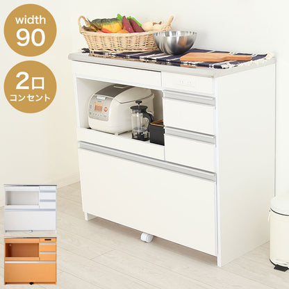 ステンレス天板キッチンカウンター 幅90cm×奥行42cm×高さ85cm 日本製 コンセント2口(計1500W)付き 最下段の引き出しに支えキャスター付き キッチン収納 レンジ台(代引不可)