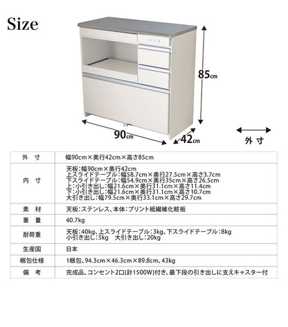 ステンレス天板キッチンカウンター 幅90cm×奥行42cm×高さ85cm 日本製 コンセント2口(計1500W)付き 最下段の引き出しに支えキャスター付き キッチン収納 レンジ台(代引不可)