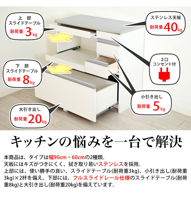 ステンレス天板キッチンカウンター 幅90cm×奥行42cm×高さ85cm 日本製 コンセント2口(計1500W)付き 最下段の引き出しに支えキャスター付き キッチン収納 レンジ台(代引不可)