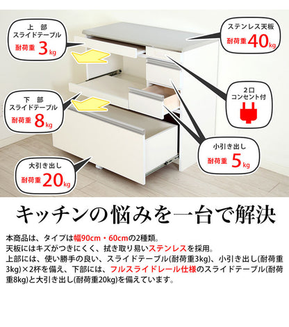 ステンレス天板キッチンカウンター 幅90cm×奥行42cm×高さ85cm 日本製 コンセント2口(計1500W)付き 最下段の引き出しに支えキャスター付き キッチン収納 レンジ台(代引不可)