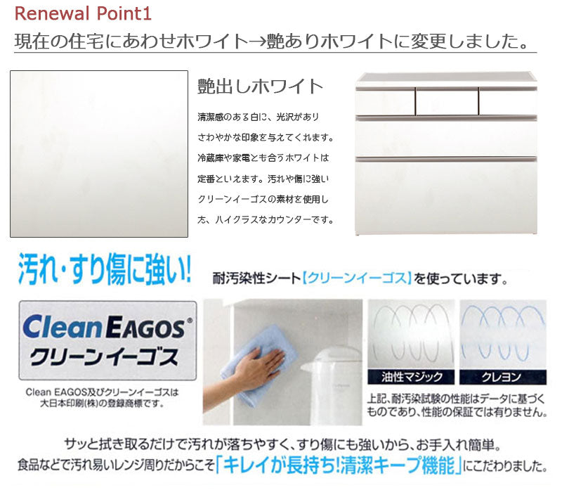 日本製 完成品 大川家具 ステンレス キッチン カウンタ― 幅110 大容量 食器棚 3段 収納 艶出しホワイトレンジ台 レンジラック おしゃれ 国産(代引不可)
