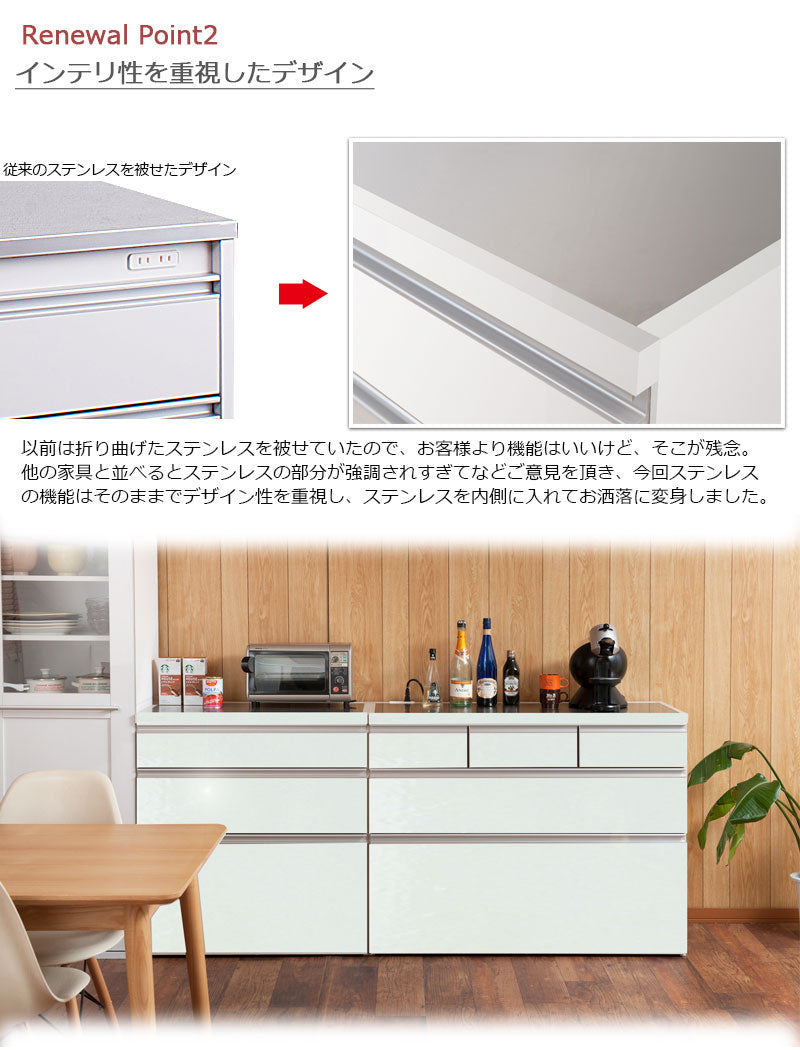日本製 完成品 大川家具 ステンレス キッチン カウンタ― 幅110 大容量 食器棚 3段 収納 艶出しホワイトレンジ台 レンジラック おしゃれ 国産(代引不可)
