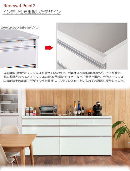 日本製 完成品 大川家具 ステンレス キッチン カウンタ― 幅110 大容量 食器棚 3段 収納 艶出しホワイトレンジ台 レンジラック おしゃれ 国産(代引不可)