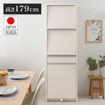 日本製 完成品 幅57.5 レンジボード ハイタイプ ホワイトウォッシュ 木目調 鏡面仕上げ 木製 引き出し キャスター付き レンジ 炊飯器 おしゃれ 北欧 食器棚 ダストボックス(代引不可)