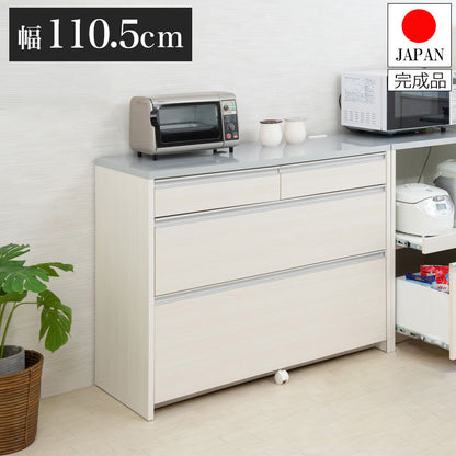 日本製 完成品 幅110.5 キッチンカウンター レンジ台 ホワイトウォッシュ 木目調 木製 食器棚 レンジボード キッチンボード おしゃれ 北欧 鏡面仕上げ 引き出し ワイド 大容量 カウンター(代引不可)