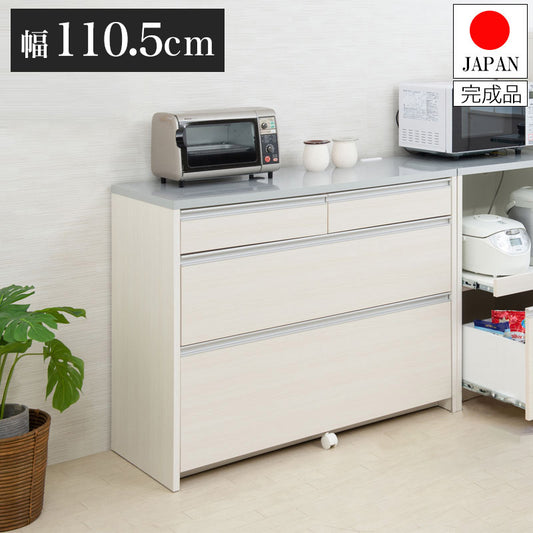 日本製 完成品 幅110.5 キッチンカウンター レンジ台 ホワイトウォッシュ 木目調 木製 食器棚 レンジボード キッチンボード おしゃれ 北欧 鏡面仕上げ 引き出し ワイド 大容量 カウンター(代引不可)
