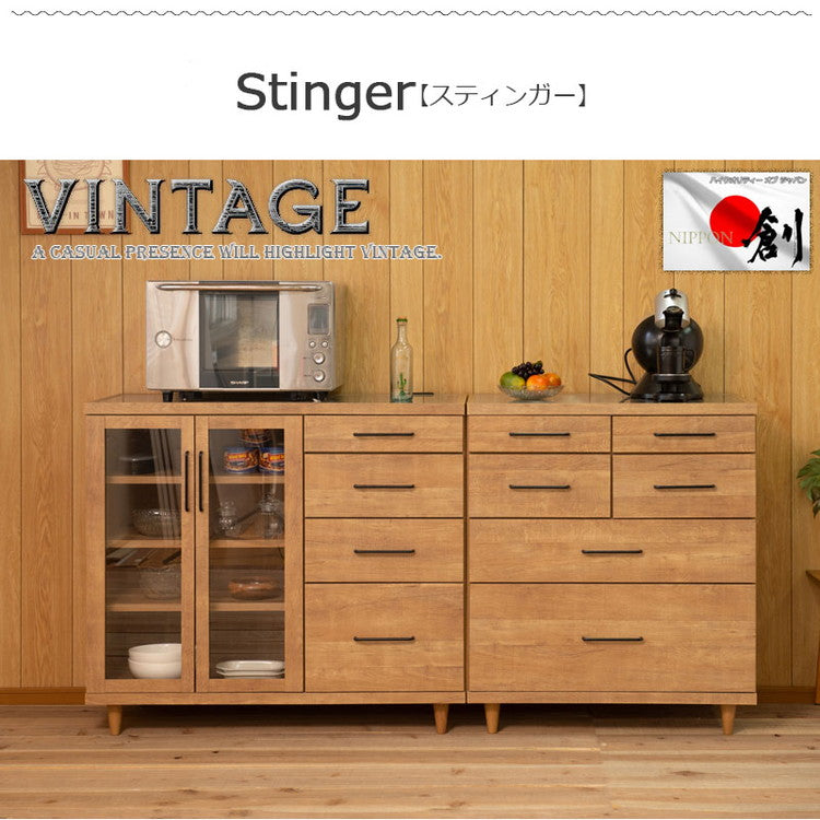 STING キッチンカウンター 幅105.5 ガラス扉 ヴィンテージオーク ステンレス レンジ台 レンジラック 食器棚 レンジボード キッチン収納 キッチンボード 木製 キャビネット キッチンラック(代引不可)