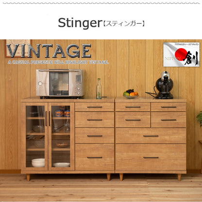 STING キッチンカウンター 幅105.5 ガラス扉 ヴィンテージオーク ステンレス レンジ台 レンジラック 食器棚 レンジボード キッチン収納 キッチンボード 木製 キャビネット キッチンラック(代引不可)