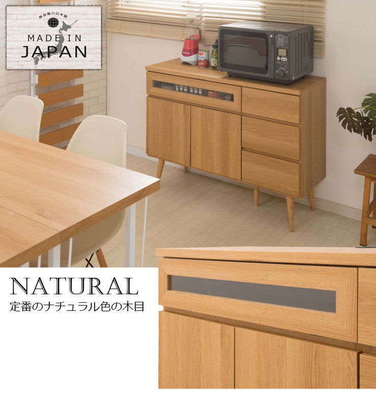 日本製 キッチンカウンター 幅110cm ナチュラル 家電型タイプ 完成品 組み立て不要 ガラス窓付きレンジ台 レンジラック(代引不可)