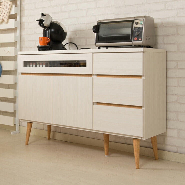日本製 キッチンカウンター 幅110cm ホワイトウォッシュ 家電型タイプ 完成品 組み立て不要 ガラス窓付きレンジ台 レンジラック(代引不可)