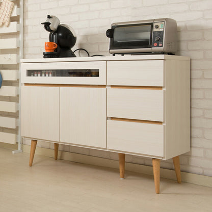 日本製 キッチンカウンター 幅110cm ホワイトウォッシュ 家電型タイプ 完成品 組み立て不要 ガラス窓付きレンジ台 レンジラック(代引不可)