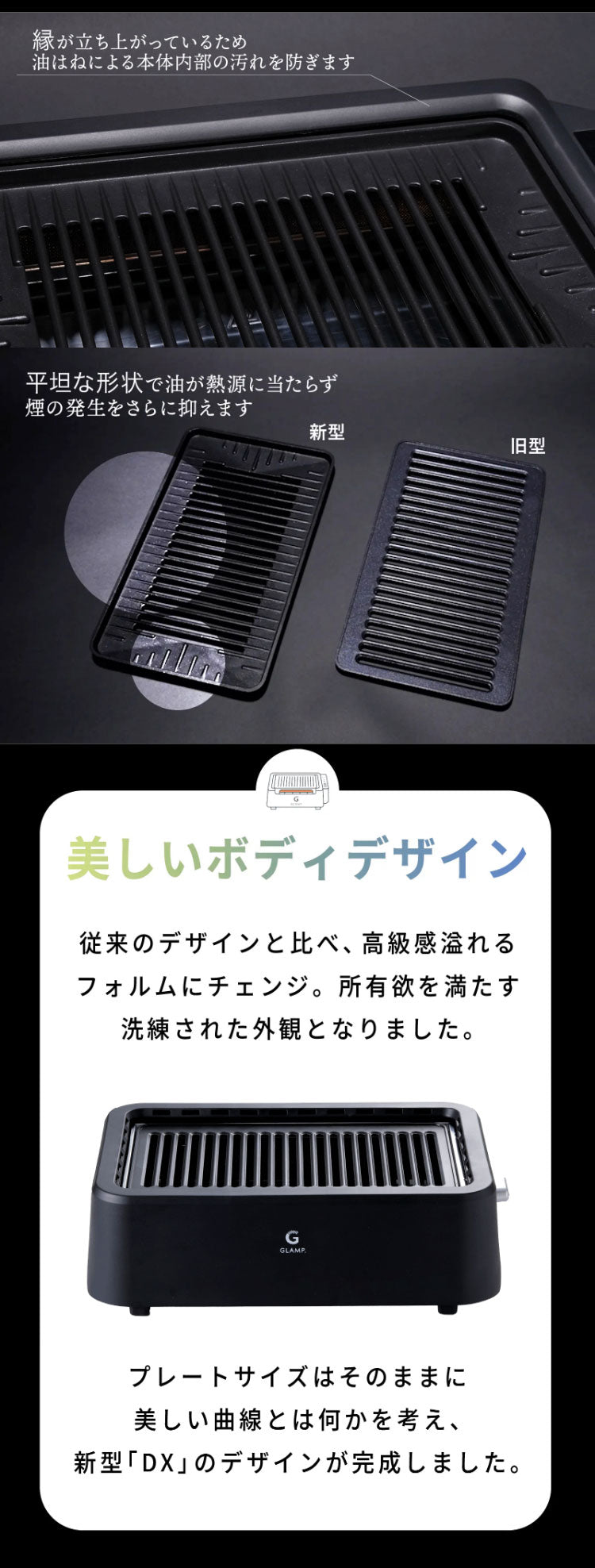 GLAMP 新型 超少煙グリルDX 遠赤外線 減煙 煙が少ない 煙が出にくい 室内 焼き魚 焼肉 焼き鳥 おうち焼肉 ホットプレート コンロ グランプ スモークレス お手入れ簡単 電気 ヘルシー おしゃれ SG03