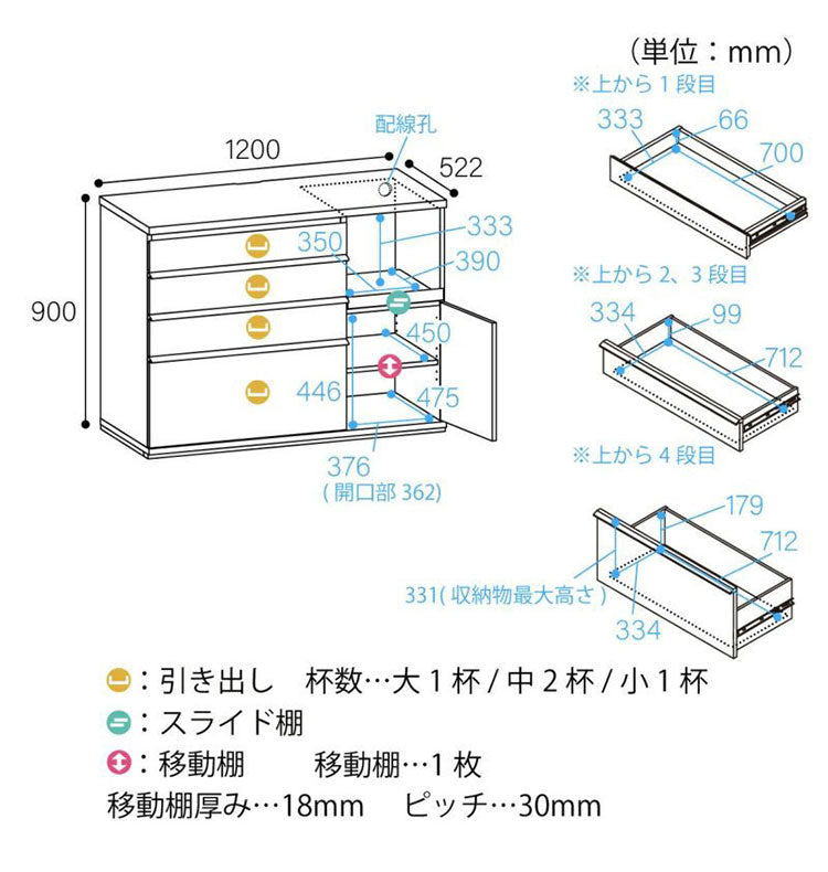 キッチンカウンター レンジ台 食器棚 幅120cm 高さ90cm ナチュラルブラウン 引出4段 コンセント付 メラミン天板 キッチン 家電 収納 コモピア CMA-9012SLNA(代引不可)