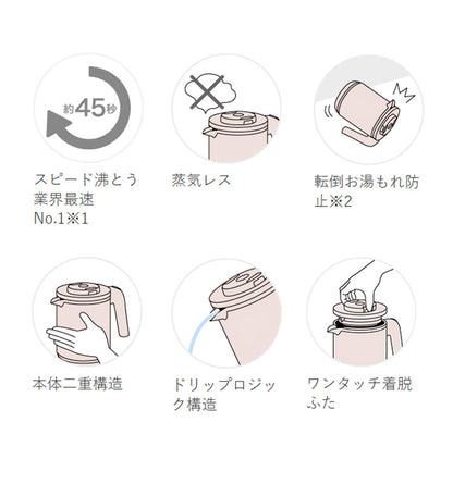 TIGER タイガー魔法瓶 蒸気レス電気ケトル 0.8L QUICK&SAFE+ 速い スピード沸騰 湯漏れ防止 ロック 空焚き ワンタッチ 二重構造 目盛り 抗菌 シンプル モノトーン PCK-A081 マットホワイト