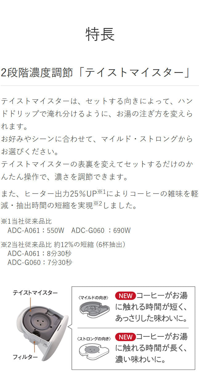 タイガー魔法瓶 コーヒーメーカー ドリップ式 シャワードリップ マグカップ直接 マイルド ストロング テイスト 濃さ 簡単 調節 スリム コンパクト ステンレス 食洗器対応 お手入れ 給水 ADC-G060