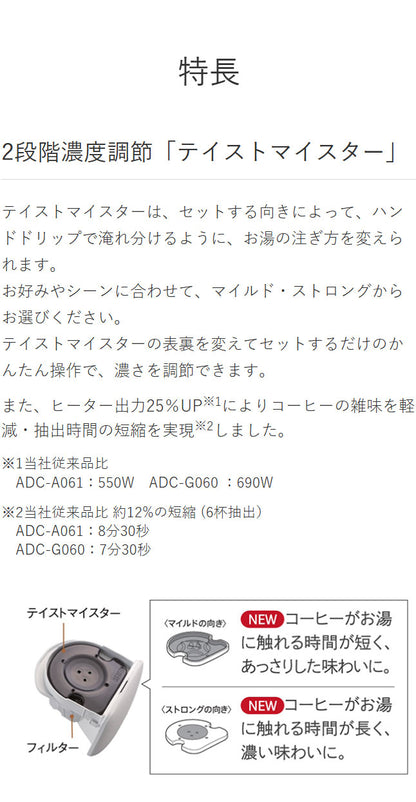 タイガー魔法瓶 コーヒーメーカー ドリップ式 シャワードリップ マグカップ直接 マイルド ストロング テイスト 濃さ 簡単 調節 スリム コンパクト ステンレス 食洗器対応 お手入れ 給水 ADC-G060